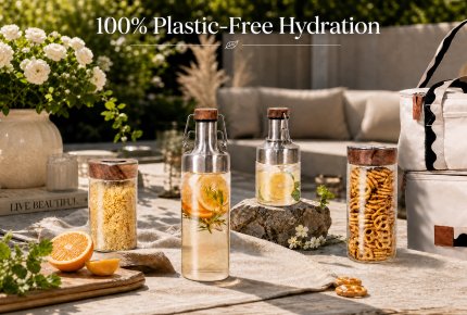 Plastic-Free Borosilicate Glass Water Bottle | Leakproof Stainless Steel Buckle & Acacia Wood Lid