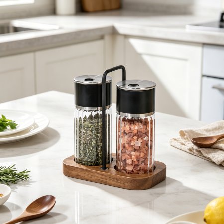 Heat Resistant Striped Glass Spice Set Wood Holder For Cafe Hotel Wholesale