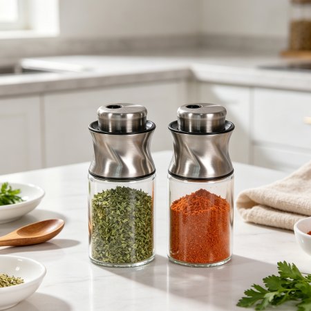 AELGA Twisted Stainless Steel Spice Jar Set Rotatable Dial Glass Storage Holder