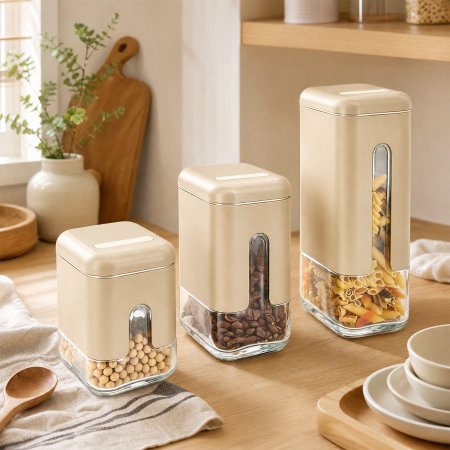 grains, coffee beans, assorted dry seasonings, dry food storage canisters