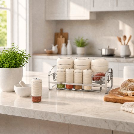 Matching Combo 3 Large Capacity Food Canisters + 5 Mini Spice Jars Quick Access Condiments Speed Up Cooking Efficiency