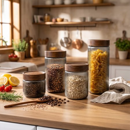 AELGA Vertical Fluted Smoky Grey Glass Jars Acacia Wood Lids Stackable Multi Height Storage Set