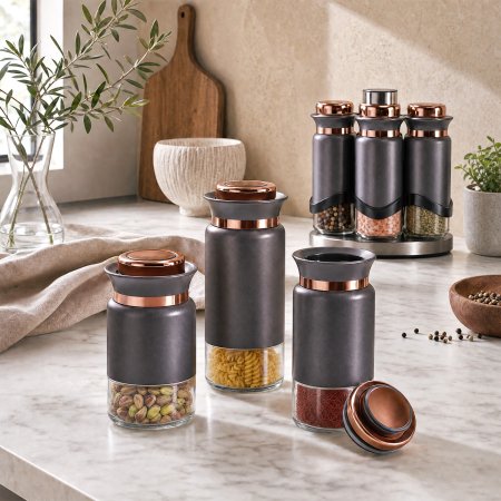 grains, coffee beans, assorted dry seasonings, dry food storage canisters