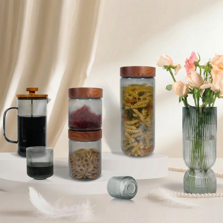 Minimalist Smoked Fluted Glass Canisters Solid Acacia Lid Free Match Pasta Nut Coffee Spice Wholesale