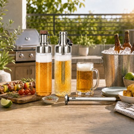 plastic-free swing top glass beer bottle, stainless steel cooling rod chilled drink container, airtight flip clasp carbonated beverage glass vessel, reusable pre-freeze chill stick outdoor party bottle, festival home bar glass drink carrier wholesale