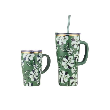 spring floral printed straw tumbler, dual capacity insulated stainless mug, nature green flower handle travel cup, pastoral picnic thermal drink vessel, two-size outdoor stainless tumbler wholesale