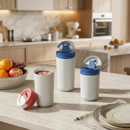 pull unlock flip lid car tumbler, fully detachable easy clean travel mug, dual split ergonomic spout insulated cup, 