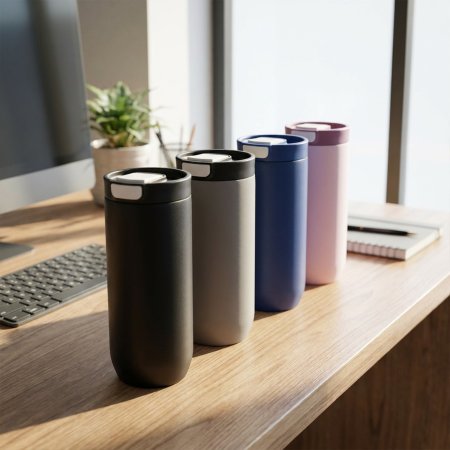 one hand push button flip top travel mug, single-click direct sip sports insulated cup, slim curved workout jogging stainless tumbler, splash-free ergonomic sip spout portable drink vessel, two-tone gym commute thermal cup wholesale