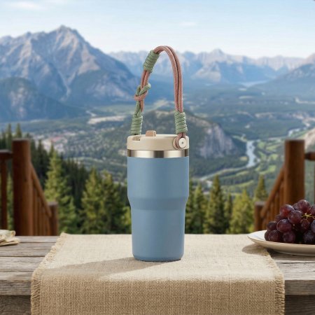 braided rope handle insulated tumbler, dual interchangeable sip straw lid mini mug, soft textile carry strap travel cup, pastel portable outdoor stainless drink vessel, two-lid all-scenario thermal mug wholesale set