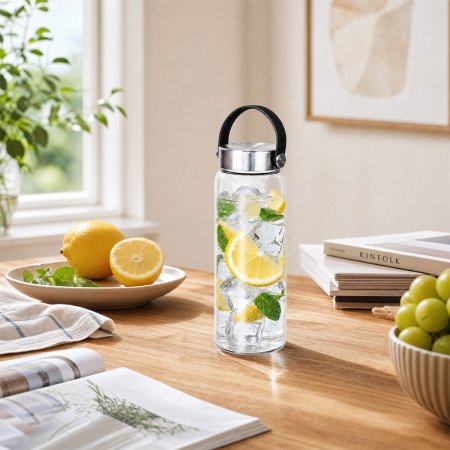 thermal shock resistant borosilicate glass water bottle, integrated rubber carry loop stainless steel lid flask, explosion-proof transparent outdoor drink jug, airtight leakproof screw thread glass hydration vessel, minimalist portable daily glass water c