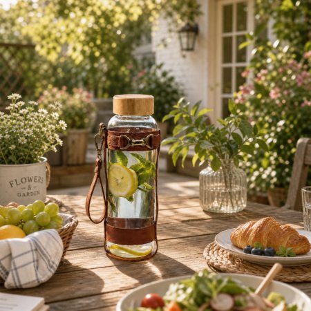heat resistant borosilicate glass flask, adjustable leather carry sleeve water bottle, detachable leather wrist strap outdoor drink vessel, airtight bamboo screw cap glass hydration bottle, vintage rustic camping glass infused water carrier wholesale