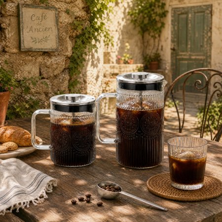 vintage sun embossed glass french press, retro antique pattern borosilicate coffee brewer, farmhouse embossed relief glass coffee pitcher, stainless steel mesh plunger filter coffee press, dual size retro decorative glass coffee maker wholesale