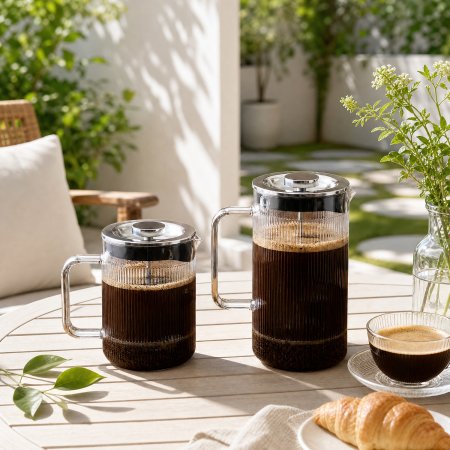  vertical ribbed textured glass french press, striped borosilicate manual coffee brewer, natural heatproof glass coffee brewing pitcher, stainless steel mesh plunger filter coffee press, dual size ribbed glass household coffee maker wholesale
