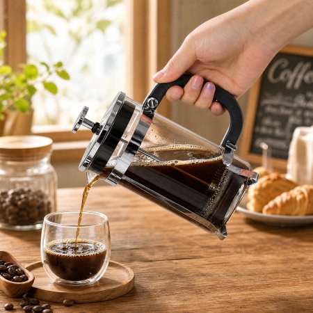 heat insulated grip manual coffee press, metal bracket safe glass coffee maker wholesale