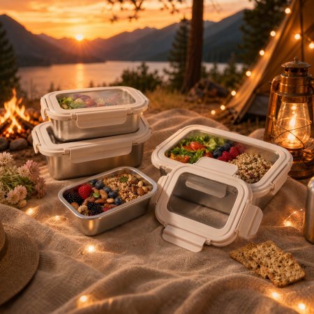  portable outdoor stainless steel storage set, transparent lid stackable metal food container wholesale