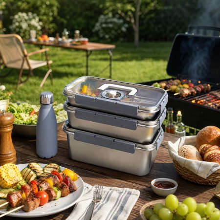dual electrolysis stainless steel food storage box, concave convex textured base metal meal container, low food contact easy clean camping BBQ keeper