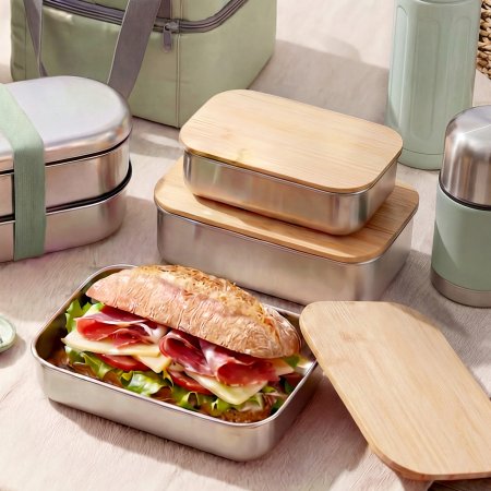 eco safe bamboo lid stainless steel storage box, nested stackable multi-size metal meal container, non-toxic natural wood cover picnic food keeper