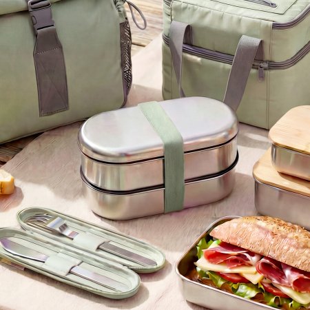 detachable double layer stainless steel bento box, strap secured combinable two-tier lunch container, built-in spork slot portable metal meal kit