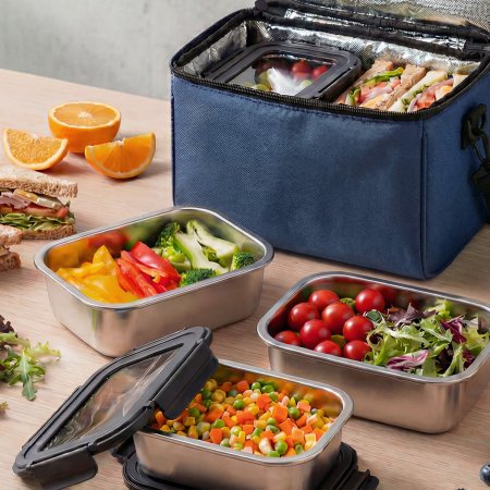lightweight portable stainless steel food storage box, clear transparent view lid metal meal container, four side clip lock leakproof lunch keeper, stackable outdoor commute stainless steel food box, airtight silicone seal visible window metal preservatio