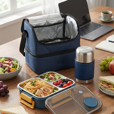 double tier insulated lunch bag, separated two layer cooler carrier, dual compartment thermal lunch tote, layered portable office food bag, divided storage picnic cooler bag wholesale