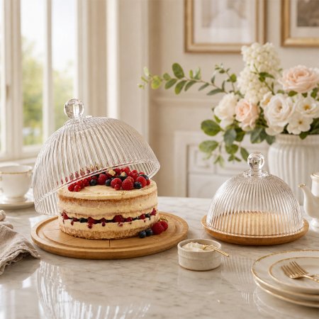 ribbed glass mini cake dome, glass dessert cloche with wooden tray, slotted grip pastry display stand, small cake transparent cover, café dessert serving platter wholesale