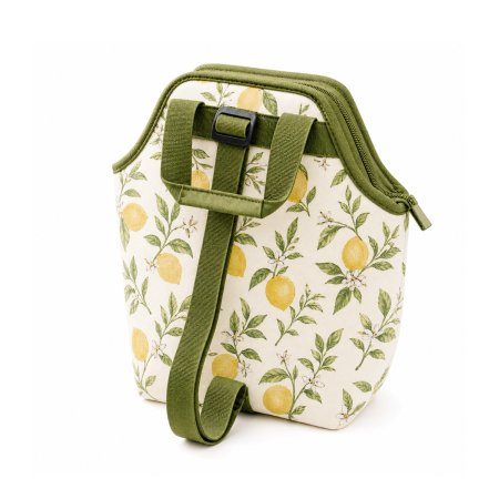 lemon printed canvas insulated lunch bag, fruit graphic thermal picnic tote, adjustable strap canvas lunch carrier, cream canvas insulated food bag, hand-pattern outdoor commute lunch tote wholesale