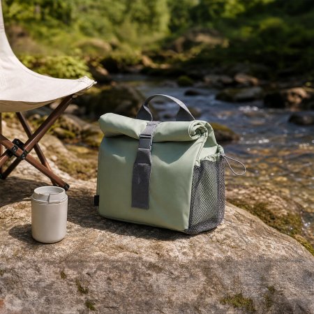 roll top insulated cooler lunch bag, waterproof foldable thermal food carrier, mesh side pocket picnic cooler bag, adjustable buckle outdoor lunch tote, large capacity roll-top insulated food bag wholesale