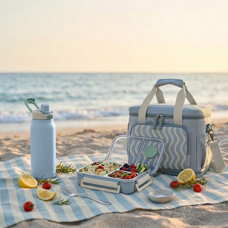 pastel wave print insulated cooler tote, soft sided multi-pocket lunch cooler bag, zigzag pattern portable picnic food carrier, dual zipper compartment beach lunch bag, detachable strap insulated travel tote wholesale
