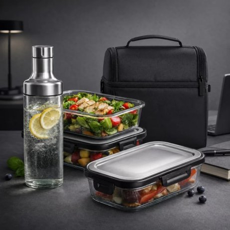 Stackable borosilicate glass food containers with recessed stainless steel lids for meal prep