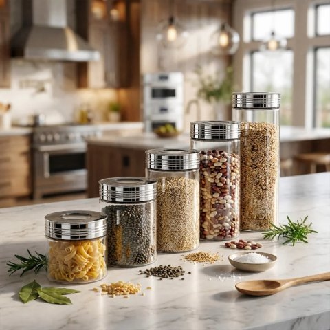 Glass storage jars arranged for organized kitchen counter storage