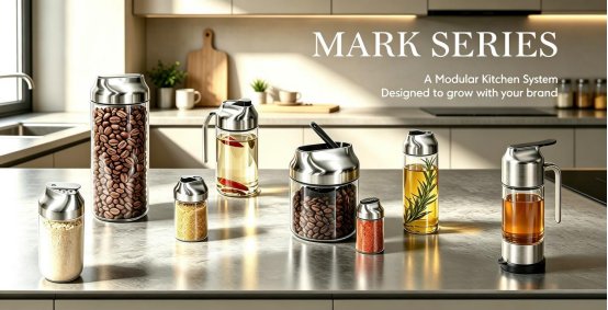 Aelga seasoning and oil dispensers arranged beside dessert on a kitchen counter