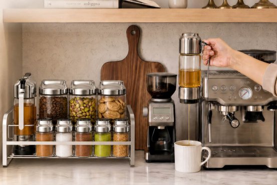 Coordinated glass kitchenware system arranged for organized ingredient storage