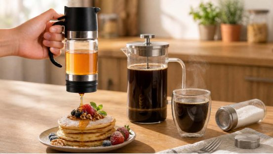 Glass and metal dispensers arranged for clean countertop serving in a modern kitchen