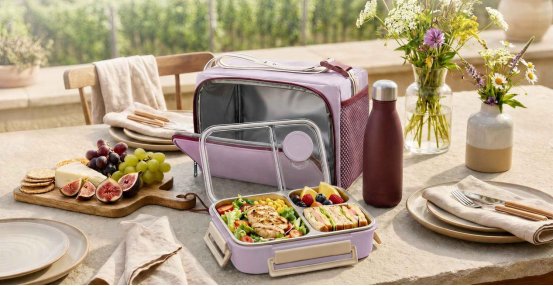 Portable lunch box, insulated bottle, and bag for outdoor dining