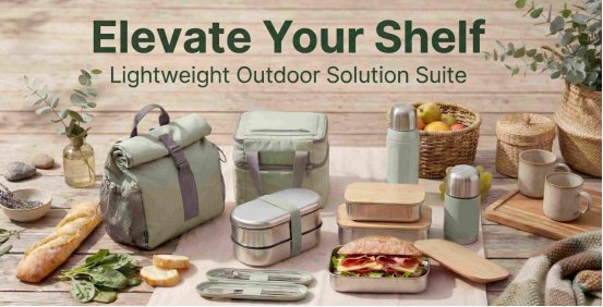AELGA lightweight outdoor kitchenware collection with lunch boxes and drinkware
