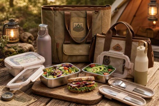 Outdoor picnic kitchenware set with food containers, bottles, and carrying bags