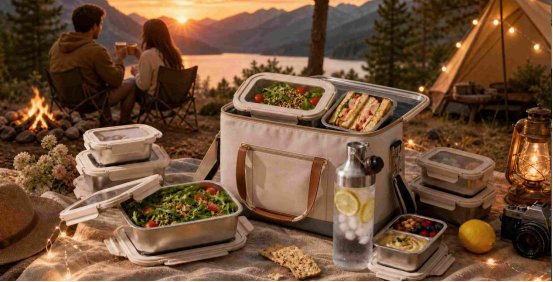 Light outdoor kitchenware set with food containers and cooler bag