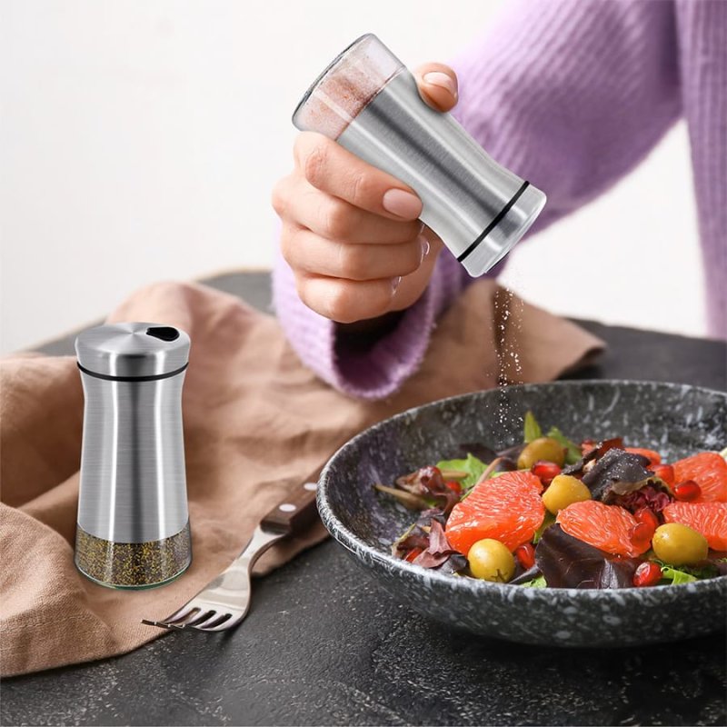 Aelga Red Salt & Pepper Shakers Set With Holder - Stainless Steel Adjustable Dispenser